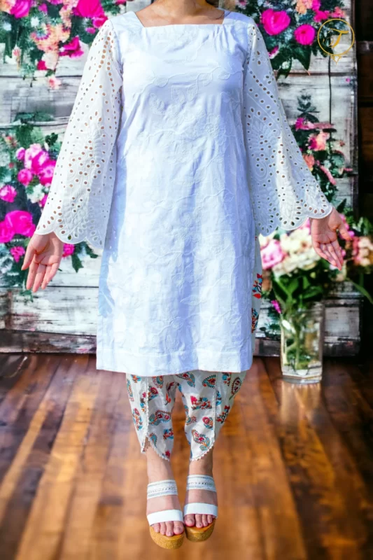 Embroidered Cotton Two Piece Dress Milky White
